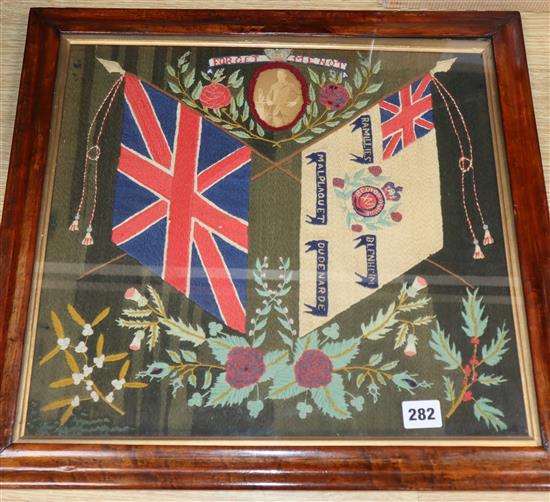 A Victorian 16th (Bedfordshire) Regiment of Foot woolwork picture, before 1881, 40 x 42cm excl, frame